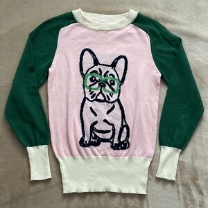 OXKNIT Retro Vibe Colorblock Pink and Green French Bulldog Cotton Crew Neck